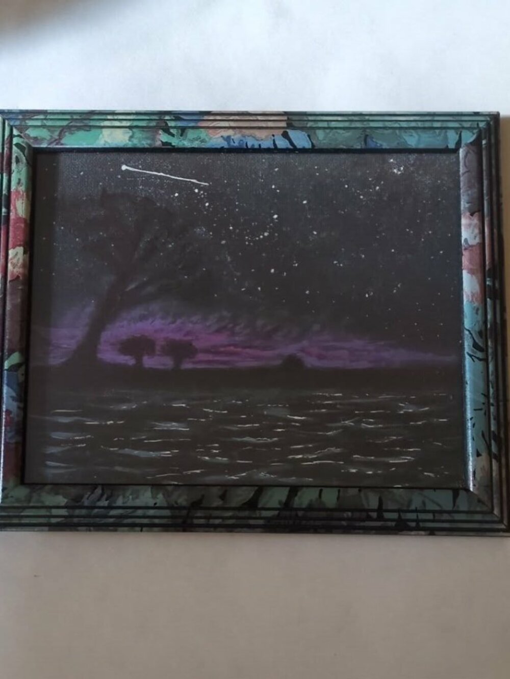Celestial Night Landscape Art Print 8x10 Hand Embellished Vintage Marbled Frame